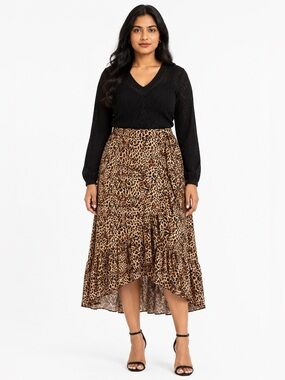 Cleo Leopard Print High Low Midi Skirt XL Brown Black Ruffle Hem Animal Print